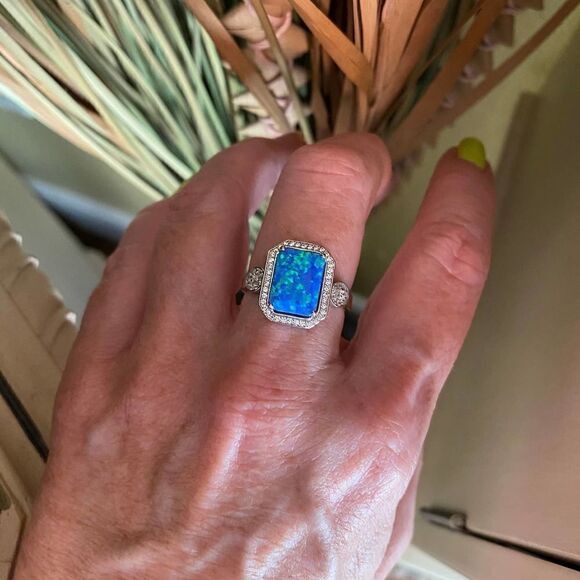 Blue Opal & CZ Sterling Silver Statement Ring - Picture 5 of 8